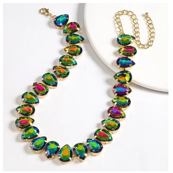 Multicolor Watermelon Glass Teardrop Necklace With Gold Chain - Picture 2 of 3